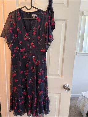 Calvin Klein Navy Blue Midi Dress with Pink Floral Print